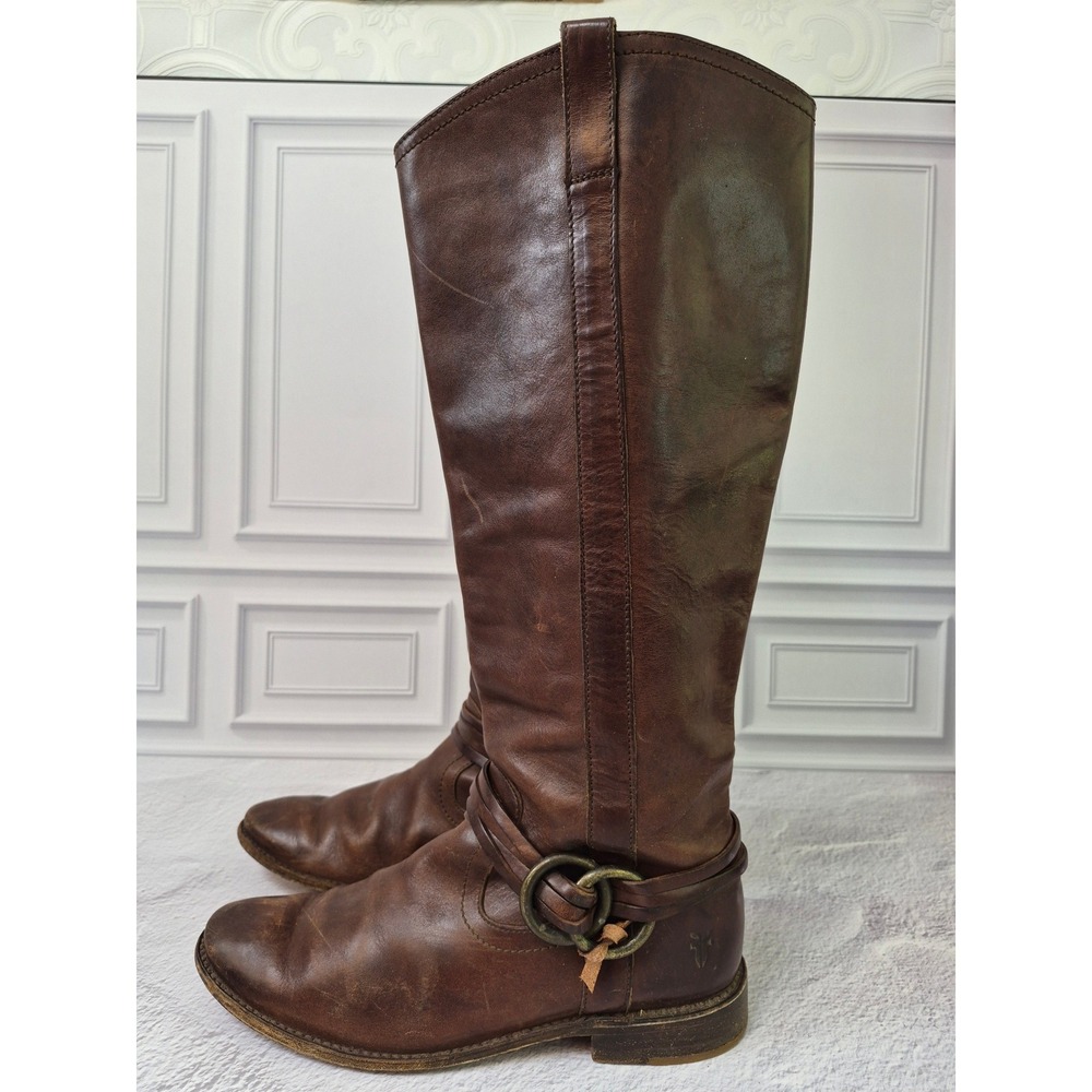 Frye Melissa Leather Riding Boots Dark Brown Womens 8 Harness Tall Buckle